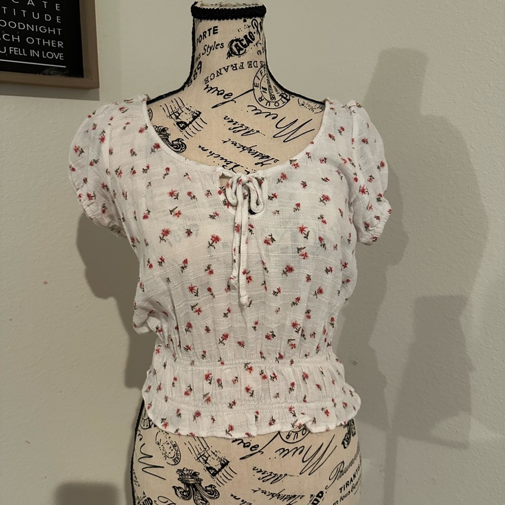 American Eagle Outfitters White Blouse with Pink Floral Print